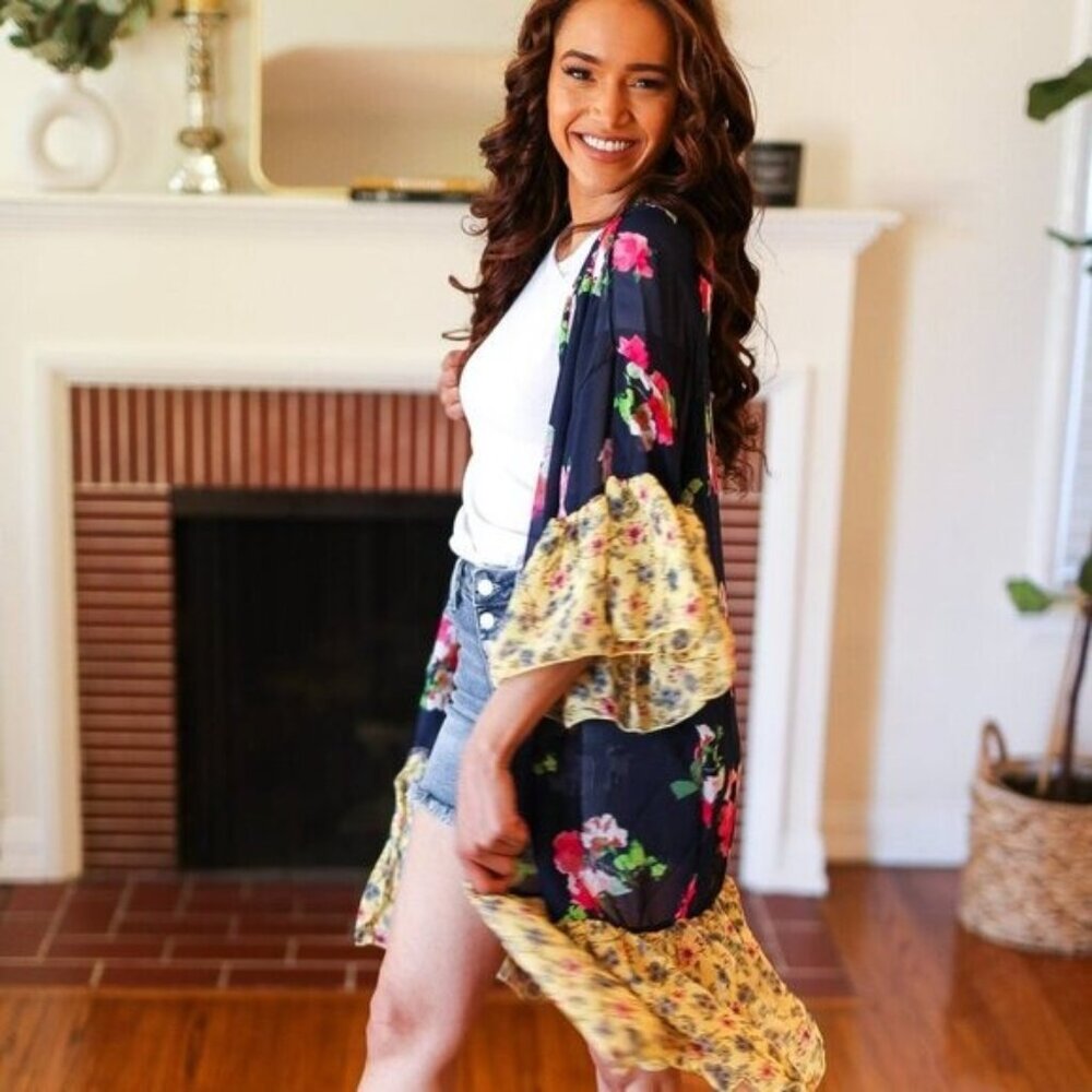 New Navy & Yellow Colorblock Floral Chiffon Ruffle Kimono  3X